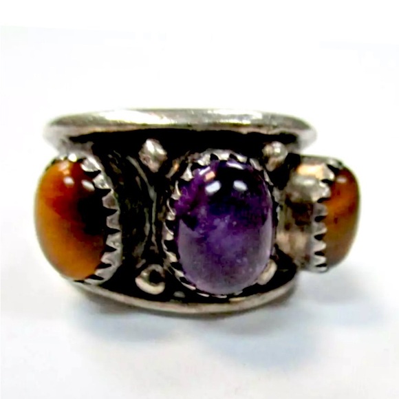 Signed - Mike Platero, Navajo Vintage Amethyst Tigers Eye Sterling Silver Ring - Picture 3 of 5